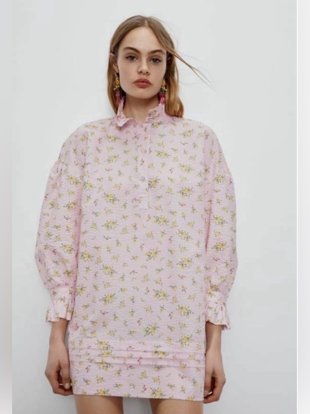 Zara Pink Textured Micro Floral Print Ruffle Dress XS